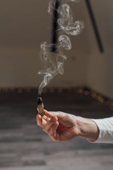 A hand holding a smoldering palo santo stick, creating swirling smoke indoors.